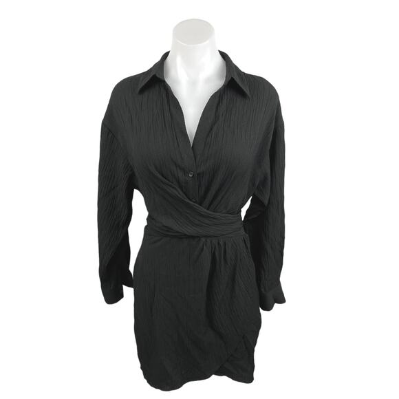 Zara Black Black Collared V Neck Long Sleeve Adjustable Mini Wrap Dress Size XS - Picture 1 of 5